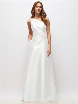 Ivory one-shoulder satin maxi dress with asymmetric neckline and smooth skirt