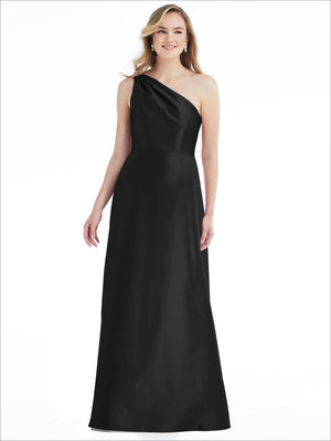 Black one-shoulder satin maxi dress with draped diagonal strap and gathered waist