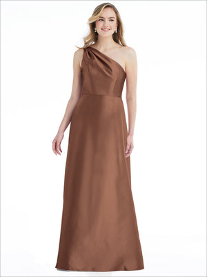 Dark chocolate one-shoulder satin maxi dress with draped pleats