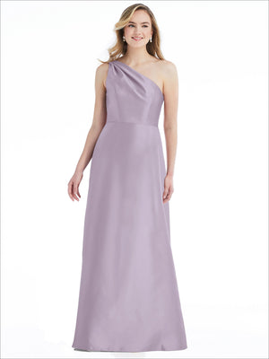 Lilac one-shoulder satin maxi dress with pleated drape and side pockets