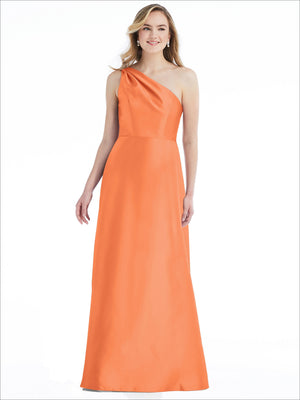 Orange one-shoulder satin maxi dress with draped bodice and pleated skirt