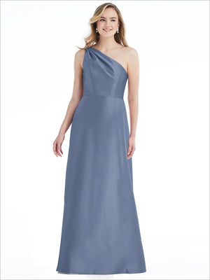 Slate blue one-shoulder satin maxi dress with pleated drape and side pockets
