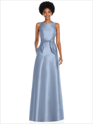 Dusty blue maxi dress with jewel neck and V-back, mini sash tied in a bow