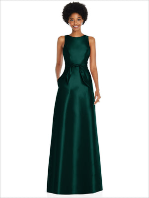 Dark green satin maxi dress with jewel neckline and waist tie mini sash