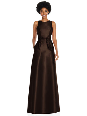 Sleeveless jewel-neck maxi dress with V-back and mini sash bow, dark brown satin