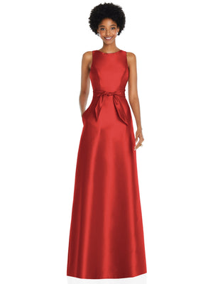 Sleeveless jewel-neck maxi dress with V-back and mini sash bow, red satin finish