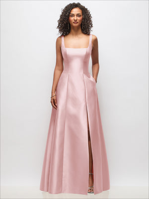 Sleeveless square-neck princess gown in blush pink, fitted bodice with side slit