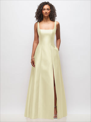 Sleeveless square-neck princess gown with pockets, light yellow with long A-line skirt