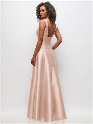 Blush sleeveless princess gown with square neckline and low open back, side pockets