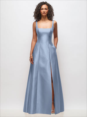 Light blue sleeveless square-neck princess gown with pockets, front view