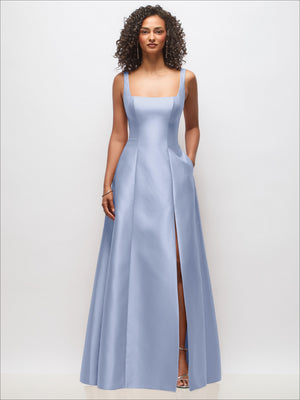 Light blue sleeveless square-neck princess gown with pockets and side slit
