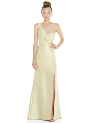 One-shoulder satin trumpet gown in pale butter yellow with front slit