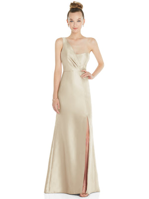 Ivory satin one-shoulder trumpet gown with draped bodice and front slit, front view