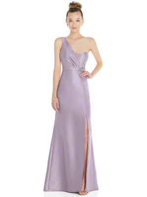 Lilac satin one-shoulder trumpet gown with draped bodice and front slit