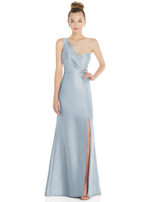 Light blue one-shoulder satin trumpet gown with fitted waist and front slit