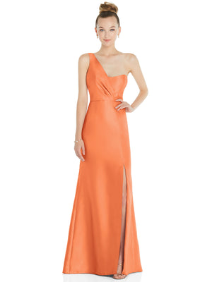 One-shoulder satin trumpet gown in coral-orange with front slit