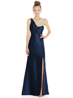 Navy satin one-shoulder draped trumpet gown with front slit and side reveal.