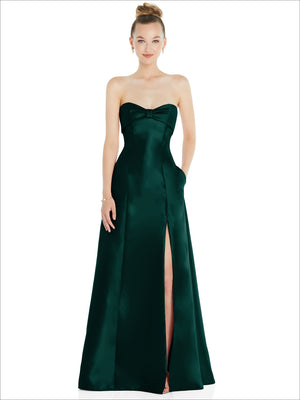 Dark green satin strapless ball gown with bow at bust and thigh-high slit