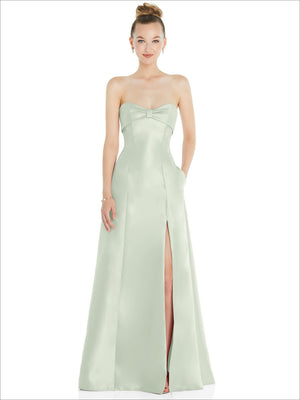 Light mint strapless satin ball gown with center bow and front slit