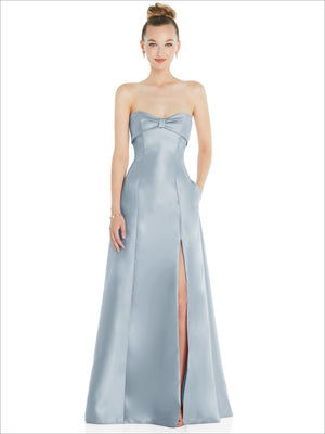 Powder blue satin strapless ball gown with front bow detail and leg-opening slit