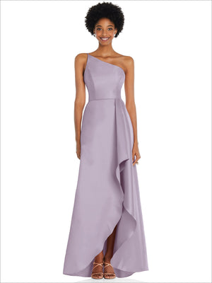 Lavender one-shoulder satin gown with draped front slit and side pockets