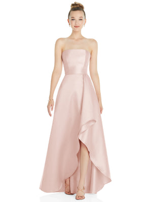 Blush pink strapless satin gown with draped front slit and flowing asymmetrical hem
