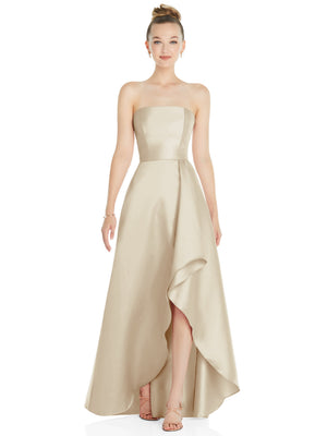 Champagne strapless satin gown with draped front and side slit
