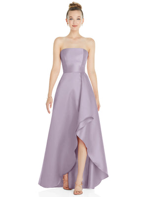 Strapless satin gown in lilac with gathered waist and draped high slit