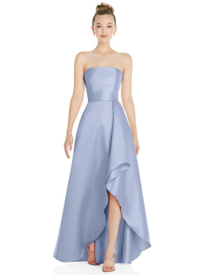 Powder blue strapless satin gown with draped front slit and flared skirt
