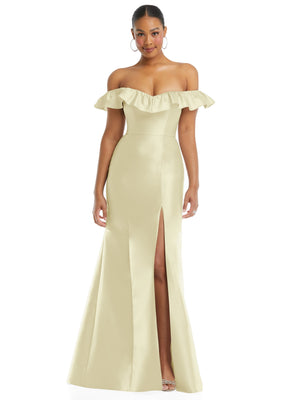 Off-shoulder ruffle-neck satin trumpet gown, pale cream, with front slit and ruffle trim