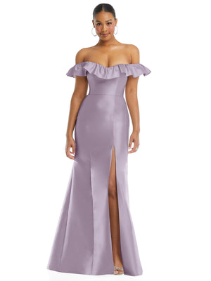 Lavender satin off-shoulder trumpet gown with ruffle neckline and front slit.