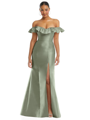 Green off-the-shoulder ruffle satin trumpet gown with wide skirt and front slit