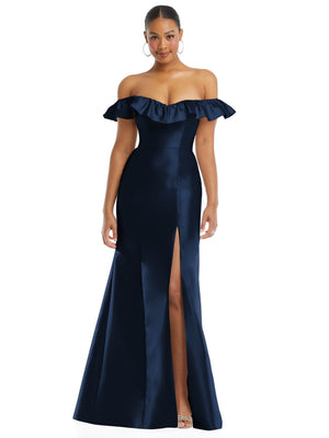Navy off-shoulder ruffle satin trumpet gown with fitted bodice and front slit.