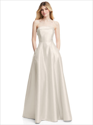 Ivory strapless satin gown with straight neckline and pleated full skirt