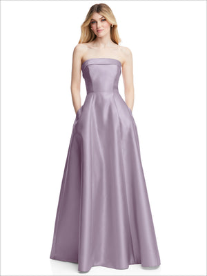 Lavender strapless satin gown with fitted bodice and full A-line skirt