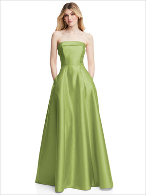 Light green strapless satin gown with fitted bodice and full flared skirt