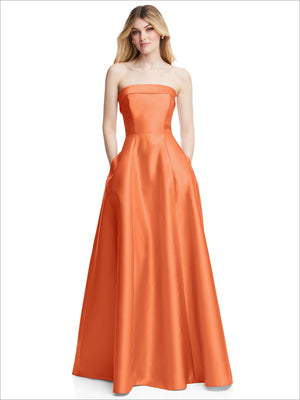 Orange satin strapless gown with fitted bodice and full A-line skirt
