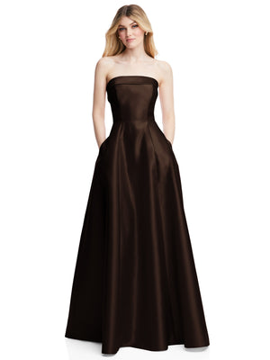 Strapless satin gown with fitted bodice and flared skirt, espresso brown