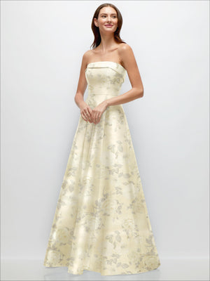 Strapless satin floral gown in pale yellow with delicate print, fitted bodice and full A-line skirt