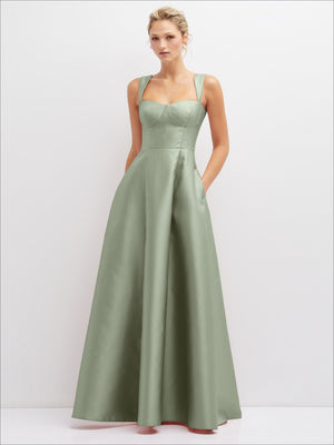 Sage green satin bustier dress with spaghetti straps and gathered full skirt