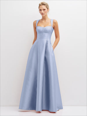 Powder blue satin bustier dress with square neckline and full skirt, spaghetti straps
