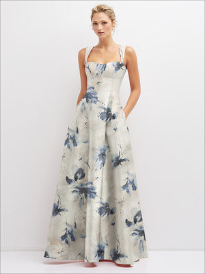 Cream floral satin bustier dress with thin straps and full A-line skirt