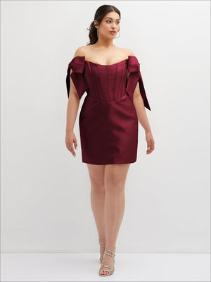 Burgundy satin off-the-shoulder corset mini dress with bow accents on shoulders, front view
