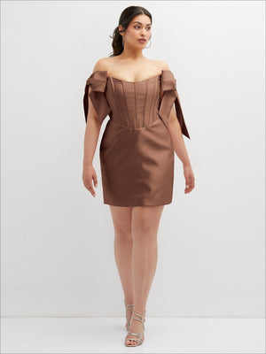 Satin off-the-shoulder bow corset mini dress in cocoa brown with shoulder bows