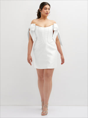 White satin off-shoulder mini dress with bow-trim sleeves and corset waist detail