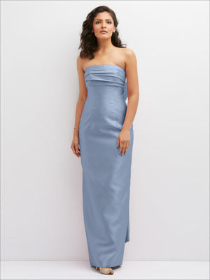 Light blue strapless column dress with ruched bodice and side slit