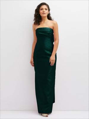 Emerald green strapless draped column dress with smooth satin finish