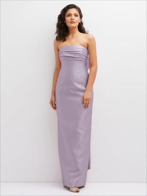 Lilac strapless draped column dress with ruched bodice and side slit