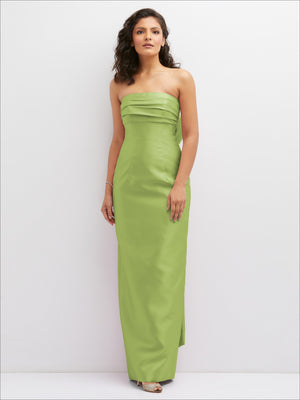 Strapless draped column dress in lime green, with gathered bodice and oversized bow detail