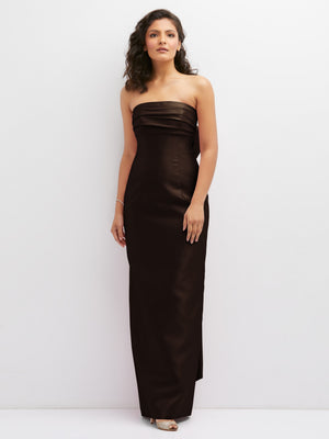 Strapless draped bodice column dress, dark brown satin with bust ruching